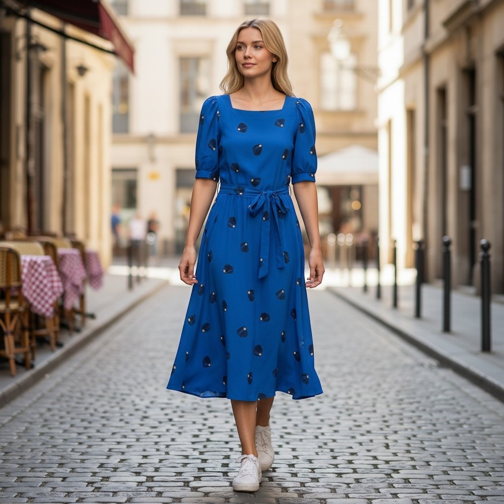 Vtg‎ Tabby of California Seashell Dress Blue 90s Coastal Grandmother Midi Summer